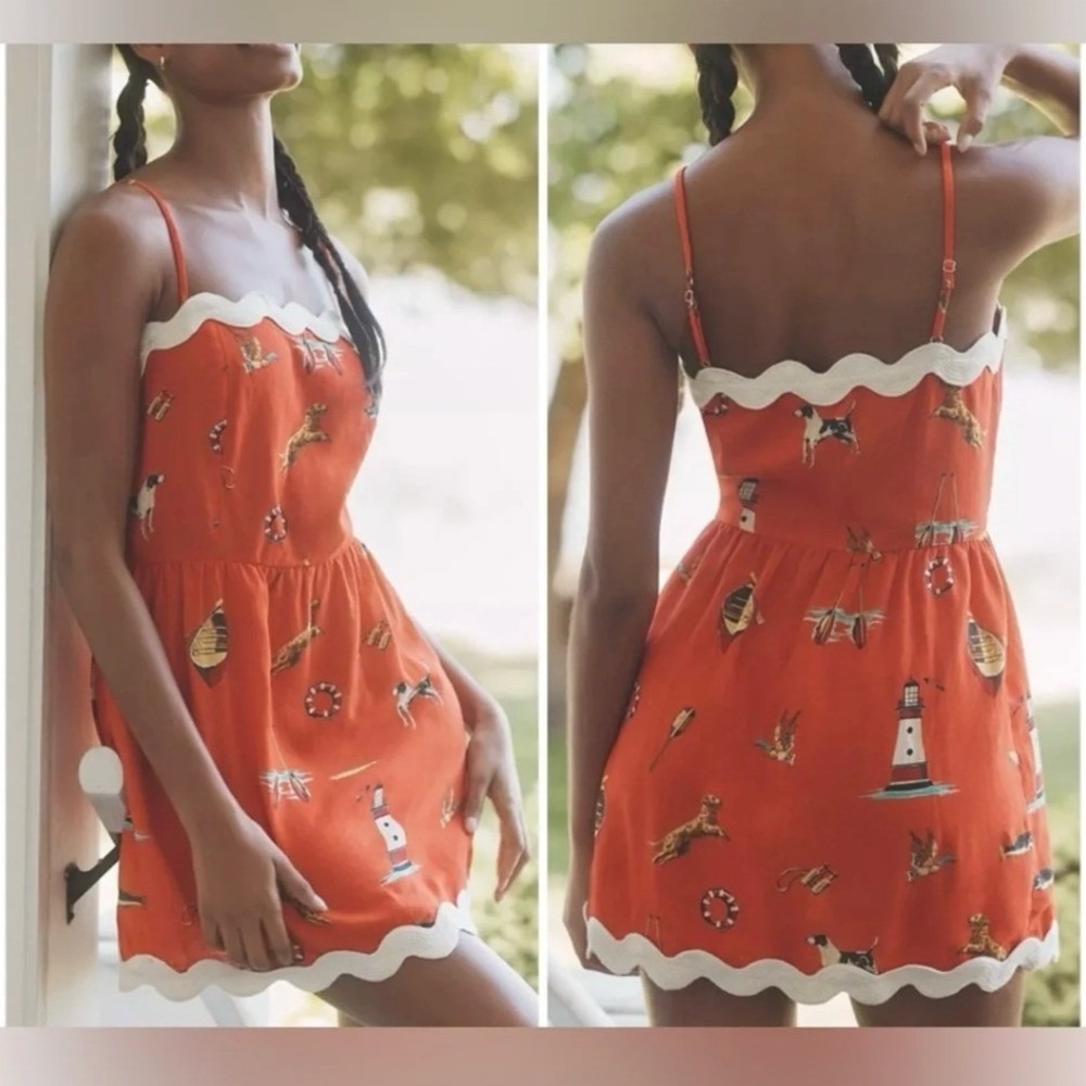 Anthropologie Celandine Linen-Blend Scalloped Mini Dress XXS Red Nautical - NWT